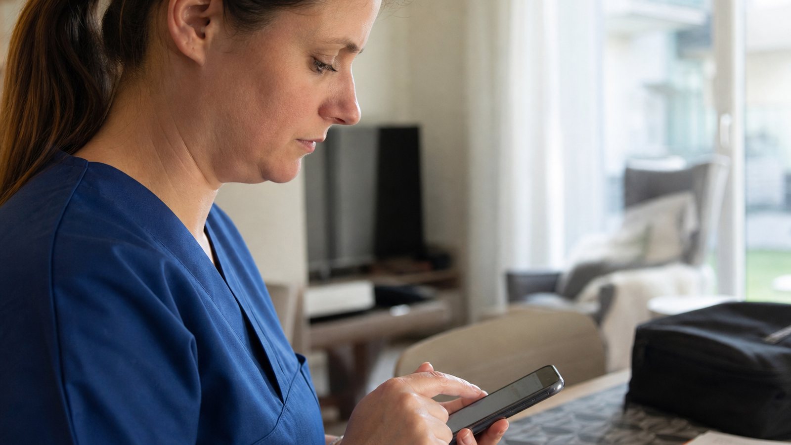 Intervenante saisissant une transmission numérique sur une tablette lors d'une visite à domicile